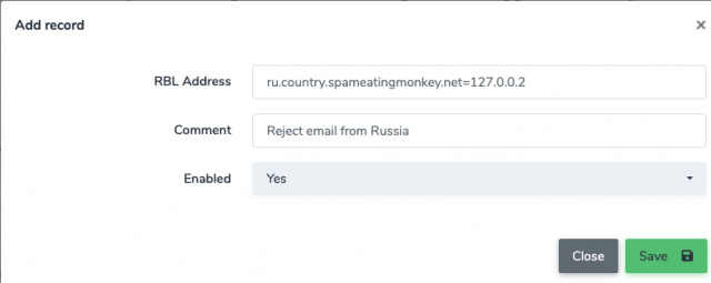 reject email from a country with RBL